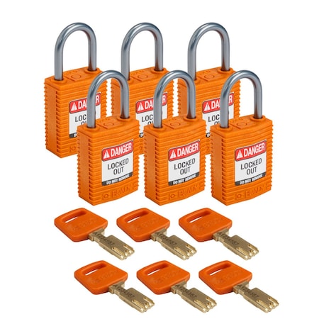 Brady Padlock, Keyed Different, Orange, 6 PK CPT-ORG-25AL-KD6PK